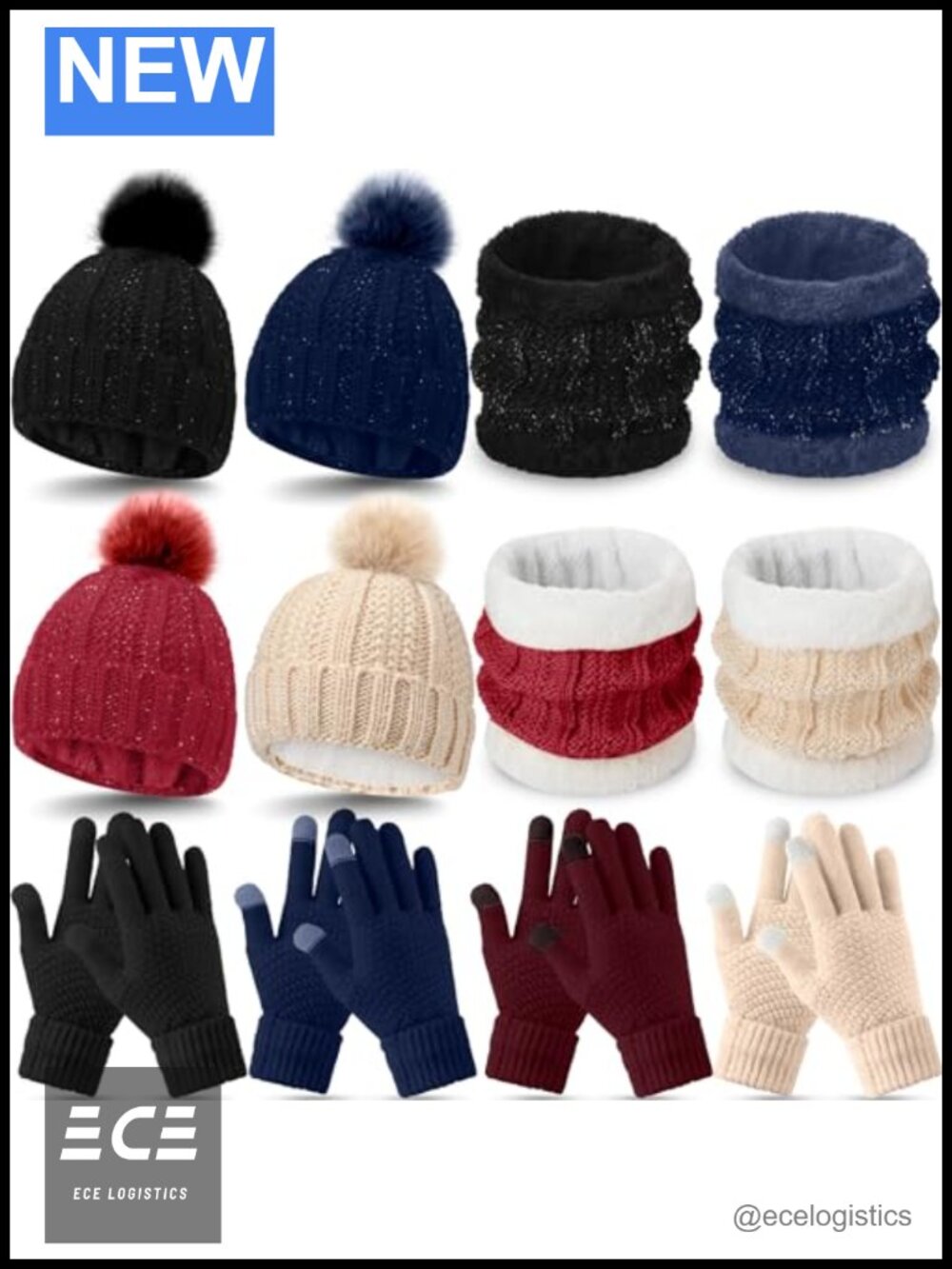 12 Pc Winter Beanie Hat Scarf Touchscreen Gloves Set Fleece Lined Knit